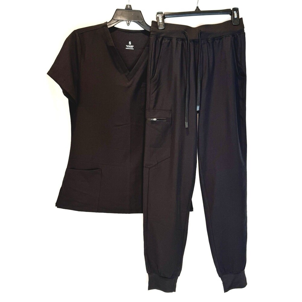 Womens Scrub Set Solid Black Size S Small V-Neck Pockets Joggers Drawstring NWOT